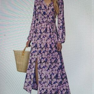 NWOT Elegant Floral Long Sleeve V Neck Maxi Dress, Flowy Slit Ruched High Waist
